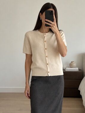 Rag & Bone Short Sleeve Knit Cardigan Ivory Gold Button Crew Neck Size xs